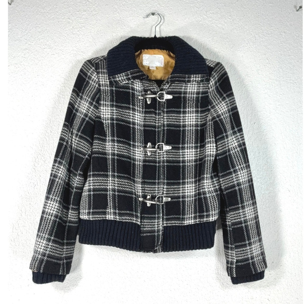 Xhilaration Black Plaid Bomber-Style Jacket - M - Cropped Ribbed Knit True Y2K